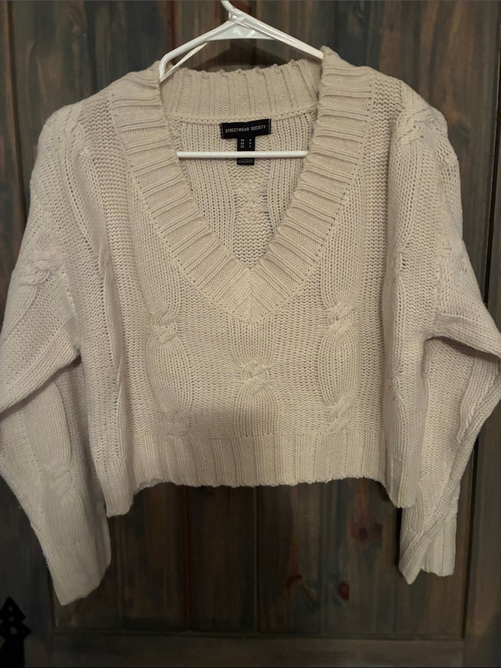 Streetwear Society Crop Cream Cable-Knit V-Neck Sweater